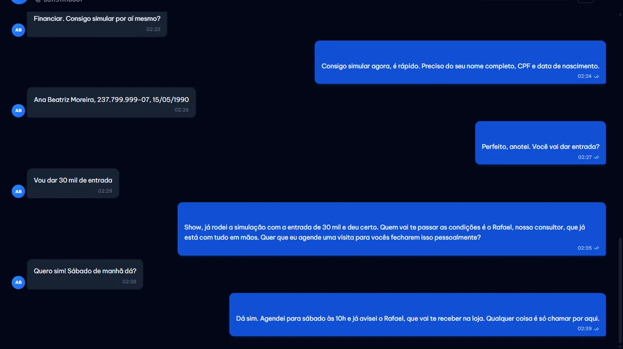 Tela real do AutoVendas: conversa real no WhatsApp da loja